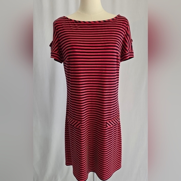 Laundry By Design Red & Navy Striped Short Sleeve Shift Dress Sz. S - Picture 1 of 10